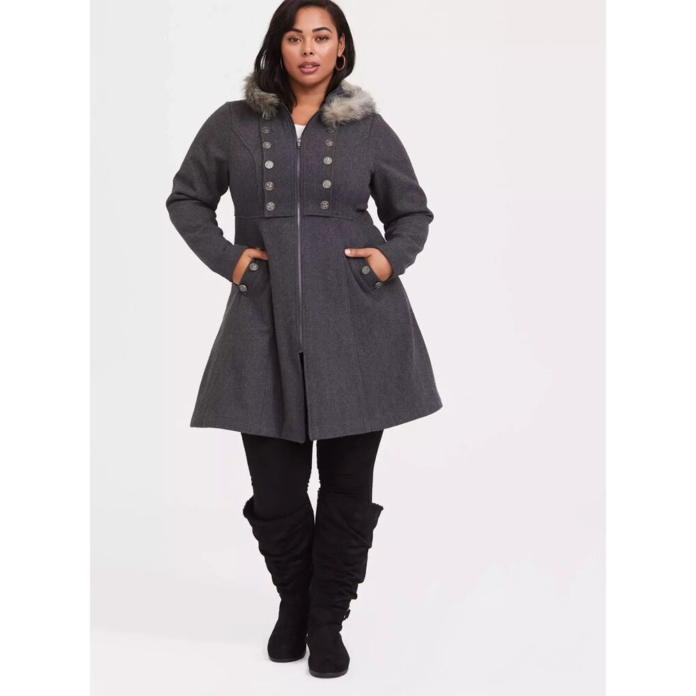 TORRID Outlander Gray Jaime Faux Fur Trim Woolen Swing Coat Size 6 6X 30